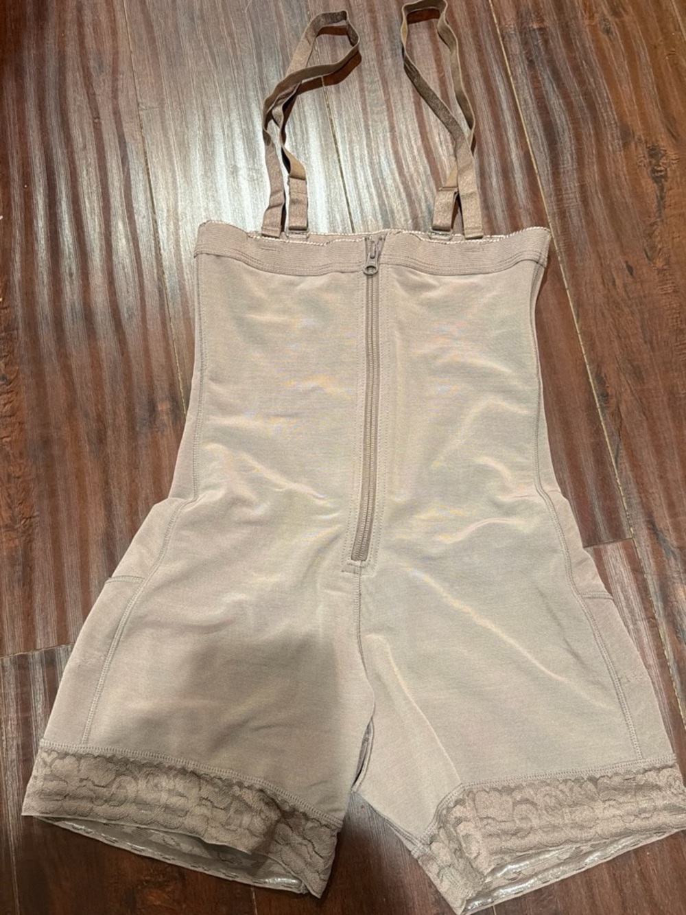 SHEIN Taupe Beige Lace-Hem Full Body Shaper with Front Zipper